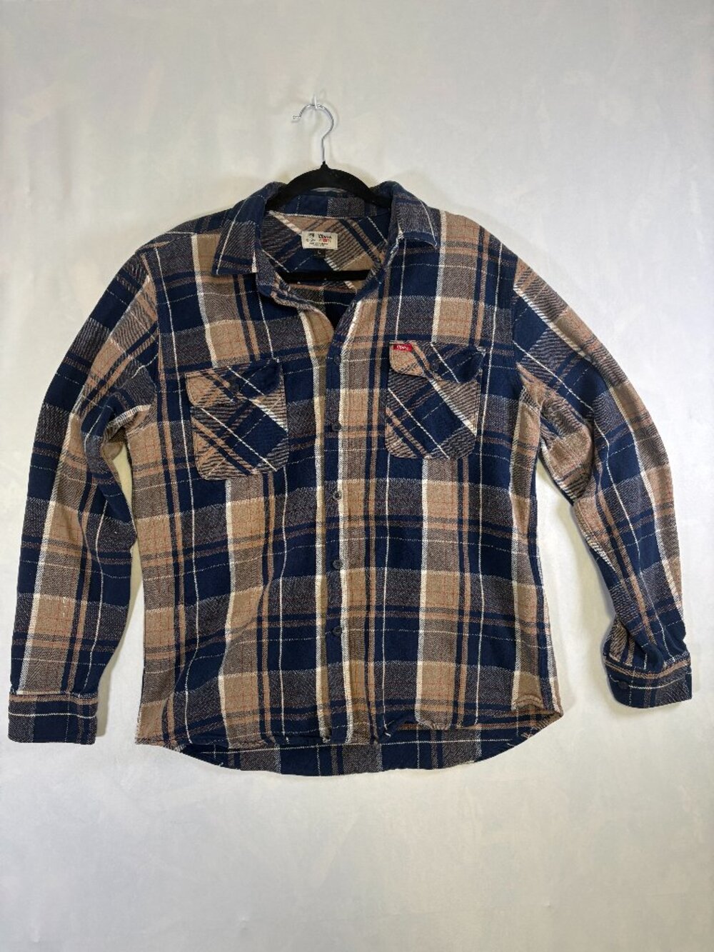 Brixton x Coors Banquet Men's L Plaid Flannel Shirt Jacket Navy Tan